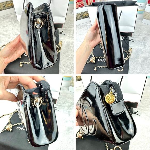 CHANEL Black Patent Leather Pouch Clutch Crossbody Bag with chain AUTHENTIC - Picture 5 of 16